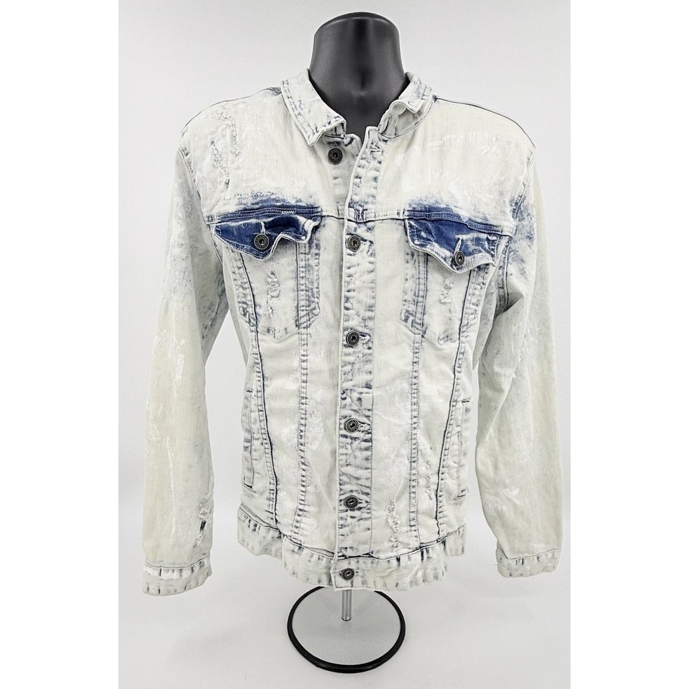 Smoke Rise Denim Jean Jacket Distressed Acid Wash & Paint Splatter Mens L‎ NWOT